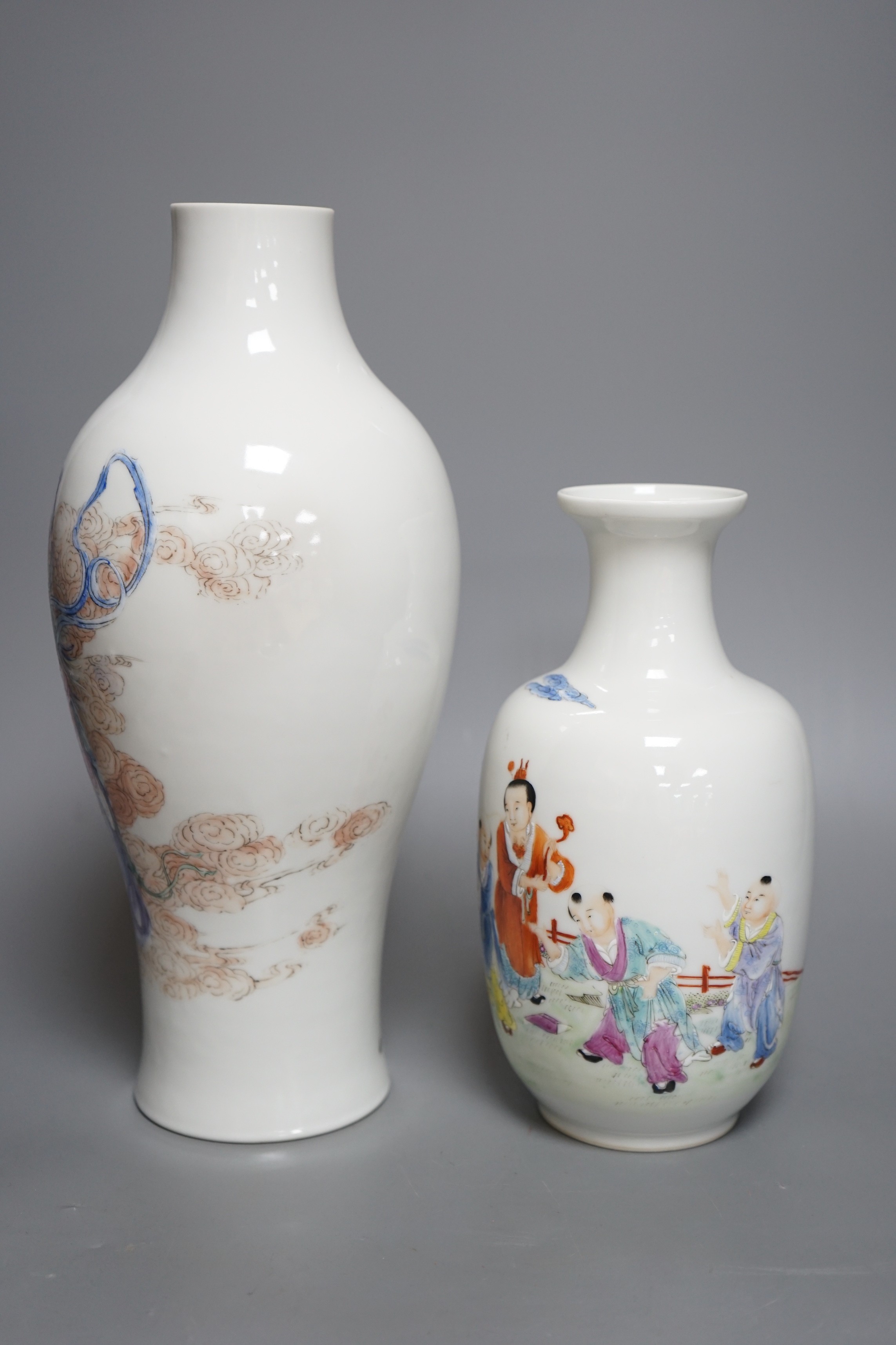 A Chinese Republic period famille rose ‘fairies’ vase (cut down) and a Chinese Republic period ‘boys’ vase, both with pseudo Qianlong marks, Tallest 31cm